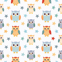 Naklejka premium Adorable Hooting Owls and Twinkling Stars Seamless Pattern for Children's Decor and Whimsical Designs