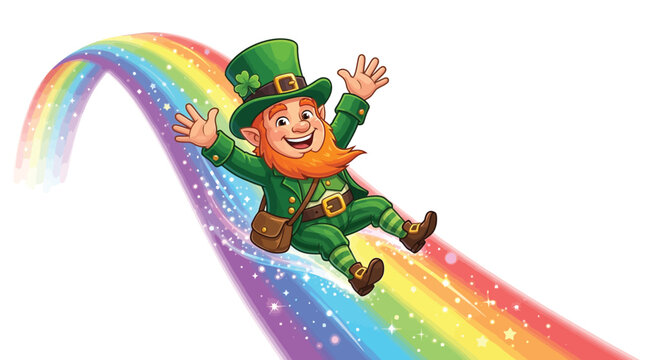 Cheerful leprechaun character wearing a green hat sliding down a vibrant colorful magical rainbow vector illustration