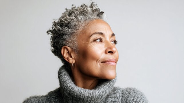 Portrait of a mature woman with curly gray hair looking up and to the side
