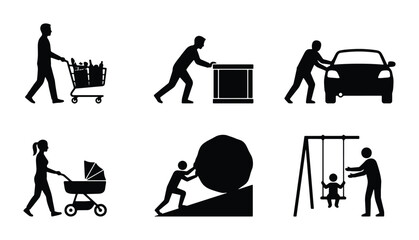 Pushing and Pulling Icons: Silhouette Actions, Movement, Effort, and Assistance Vector Set © Salman