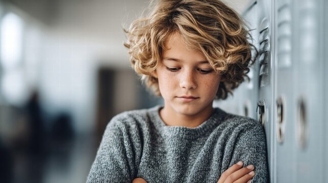 A thoughtful young boy leans against lockers in a school hallway, deep in contemplation.