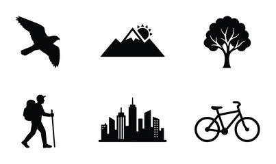 Nature and City Icons: Silhouette Collection of Hawk, Mountain, Tree, Hiker, Skyline, and Bicycle for Outdoor and Urban Themes © AlAmin