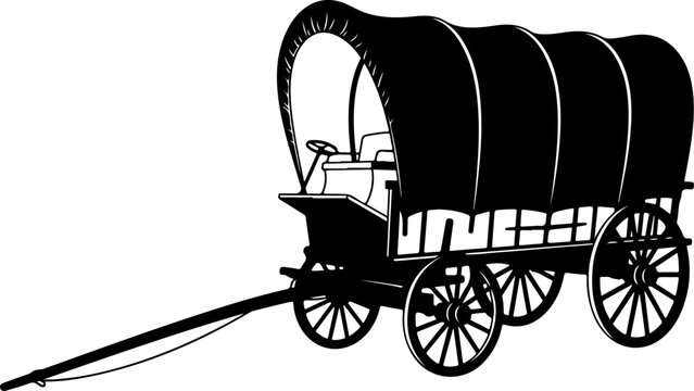Vintage covered wagon, antique cowboy transport, black illustration, vector wagon
