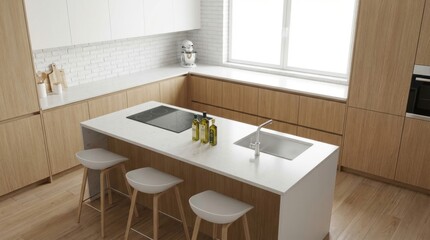 Fototapeta premium Modern minimalist kitchen design with island, stools, and natural light.