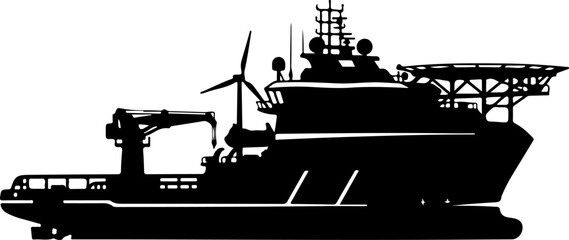 Obraz premium Industrial cargo ship, vessel silhouette, wind turbine, commercial boat, black icon