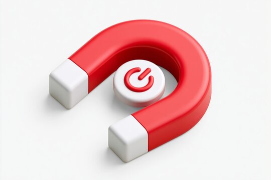 Magnetism, magnetize, marketing and business online strategy concept. 3d vector icon. Cartoon minimal style. Red horseshoe magnet with magnetic power sign on background. 3D icon free to edit.