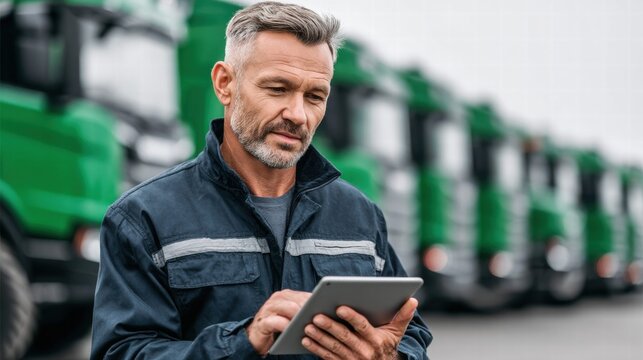 Truck driver using a tablet in front of a row of green trucks
