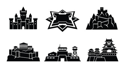Naklejka premium Fortress Icons, Castle Silhouettes, Military Structures Vector Set: Defense, Architecture, History