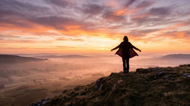Woman Silhouette Sunset Mountain Top Freedom Nature Lifestyle