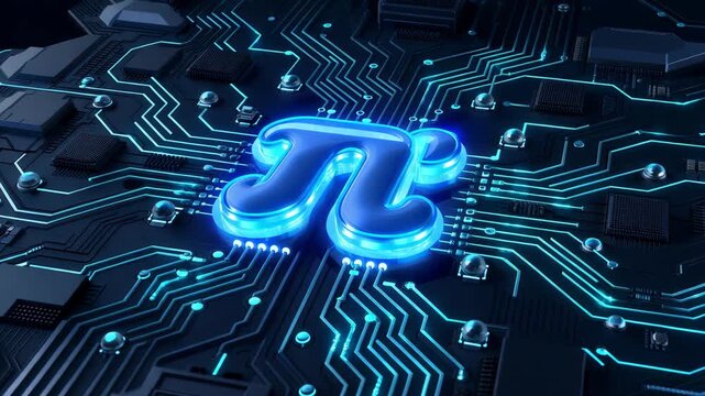 Glowing pi symbol integrated into futuristic circuit board design. Top view flat lay, cyan electric blue light, intricate tech pattern, abstract commercial style.