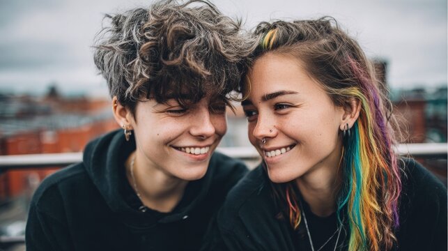 Smiling couple sharing a tender moment on a rooftop, expressing love and connection