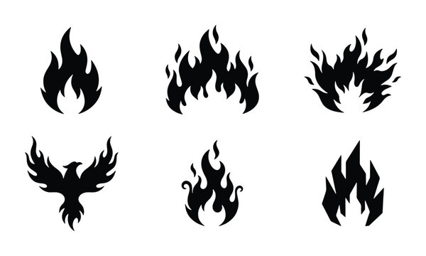 Black Fire Icons Set, Phoenix Bird Flame Symbols, Heat Energy Graphics, Abstract Blaze Vector