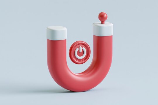 Magnetism, magnetize, marketing and business online strategy concept. 3d vector icon. Cartoon minimal style. Red horseshoe magnet with magnetic power sign on background. 3D icon free to edit.