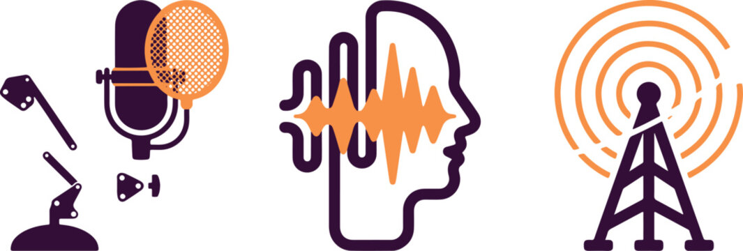 Radio broadcasting icons, sound wave, microphone, antenna symbols, audio equipment, communication vectors