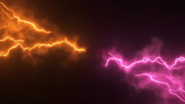 A dramatic abstract animation featuring powerful glowing orange and pink lightning bolts colliding in the center