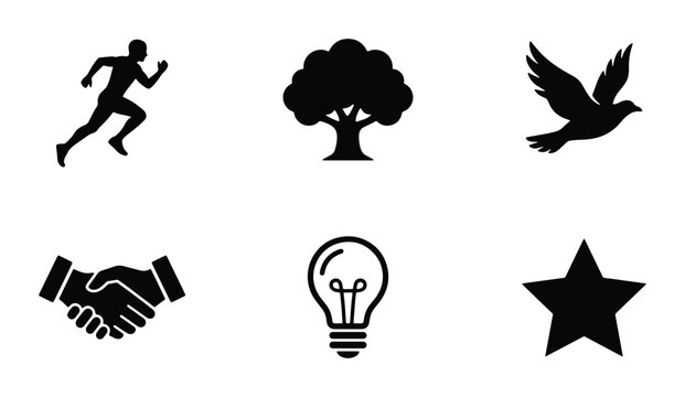 Silhouette Icons: Runner, Tree, Bird, Handshake, Lightbulb, Star. Simple Black Vector Graphics.