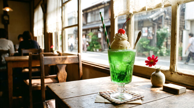 喫茶店のレトロなクリームソーダ