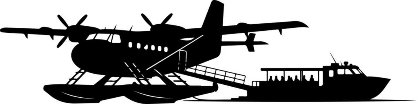 Seaplane, Amphibious Aircraft, Docked, Pontoon, Black Silhouette, Vector Illustration, Transportation, Aviation