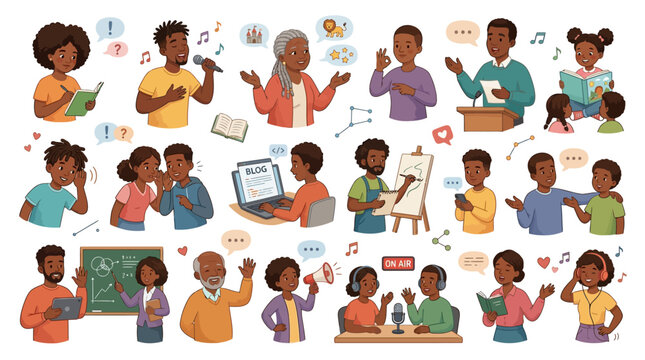 Diverse people communicating and learning with technology and books