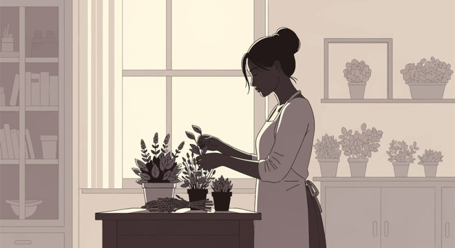 Vector illustration of a woman in an apron pruning potted lavender and herbs on a wooden table inside a bright room with shelves of plants and a large window in the background.