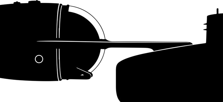 Black, flat, vector airplane, aircraft silhouette, side view, monoplane