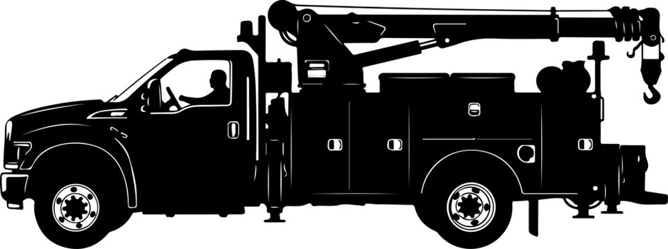 Black silhouette service truck, utility vehicle, tow truck, construction equipment, industrial transport