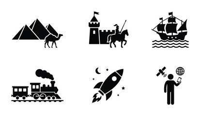 Vector Icons: Ancient Egypt Camel, Medieval Knight, Sailing Ship, Steam Train, Rocket, Satellite Man. Historical & Future Travel Concepts. © Masud