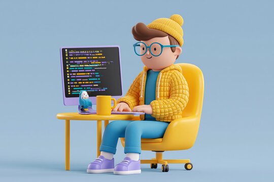 3D Work with software. Man writes code at computer, develops program, website or application. Programmer or IT specialist at work. Freelancer or remote employee. Cartoon 3D vector illustration