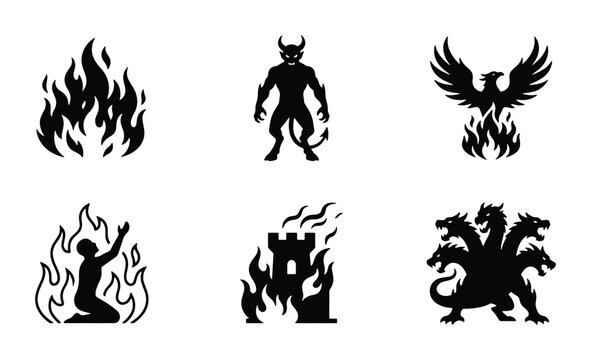 Mythical Creatures and Symbols, Fiery Icons, Dark Fantasy Vector Set