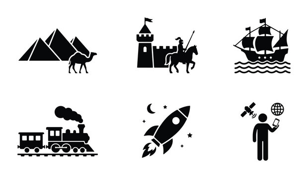 Vector Icons: Ancient Egypt Camel, Medieval Knight, Sailing Ship, Steam Train, Rocket, Satellite Man. Historical & Future Travel Concepts.