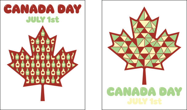 Canada Day July 1st Vector Illustration Set with Maple Syrup Bottle Pattern Leaf and Geometric Triangle Design for National Holiday