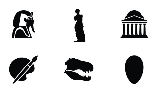 Ancient History Icons Set: Egyptian Pharaoh, Greek Statue, Museum Building, Caveman Art, Dinosaur Skull, Egg