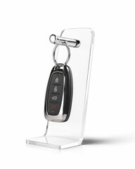Fototapeta premium Generic car key fob hanging from a polished chrome hook on a transparent acrylic display stand luxury new car handover concept isolated on white background clean studio lighting