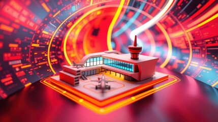 Fototapeta premium Stylized airport illustration. Red, blue lights create futuristic tunnel effect around building, plane visible. Minimalist design.