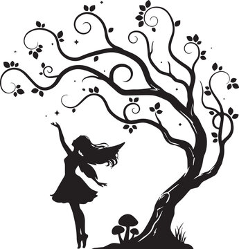 Whimsical fairy silhouette dancing under curly tree branches with magical sparkles and mushrooms in fantasy woodland landscape.