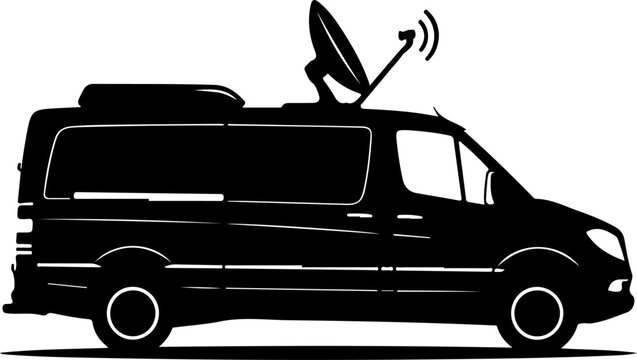 Black van with satellite dish, vehicle silhouette, communication icon, transportation symbol, mobile office