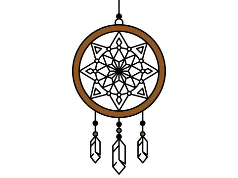 Illustration of a dreamcatcher with a geometric web design and crystal beads hanging from a brown hoop against a white background.