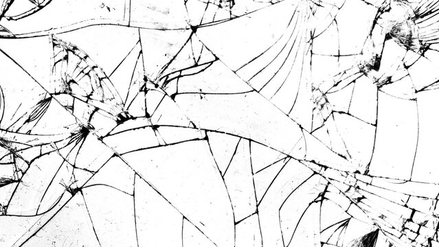 Shattered glass with fine cracks and fragments on transparent background