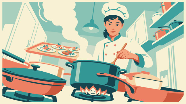 Master Chef at Work: A skilled culinary artist in a professional kitchen expertly prepares a gourmet meal, surrounded by an array of pots and pans, with steam rising from a simmering dish.