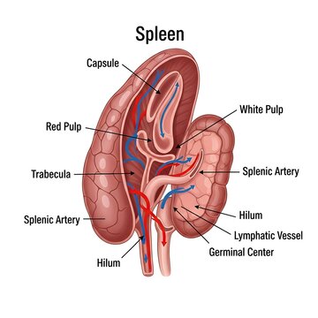 Detailed anatomical diagram of the human spleen structure.