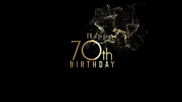 Happy 70th birthday banner with gold particles and transparent background, alpha channel