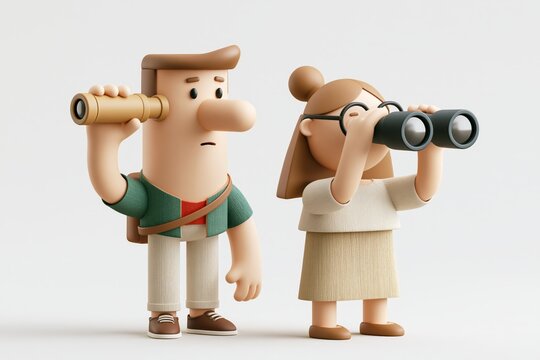 3D Cartoon vector illustration of forecast look into future Businessman looking into big spyglass, woman looking into binocular. Research, analytics and hr looking for work, people. 3D render vector