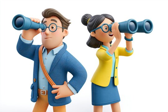 3D Cartoon vector illustration of forecast look into future Businessman looking into big spyglass, woman looking into binocular. Research, analytics and hr looking for work, people. 3D render vector