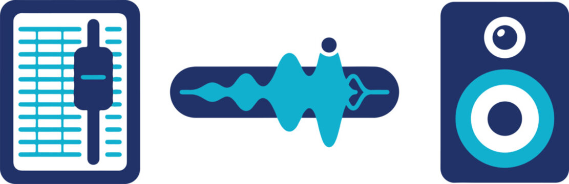 Audio waveform, music equalizer, and speaker icons, blue color scheme, vector graphics