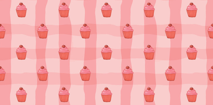 Seamless cupcake pattern on pink gingham background. Sweet dessert inspired repeat design perfect for bakery branding, fabric, packaging, stationery and cute decorations.