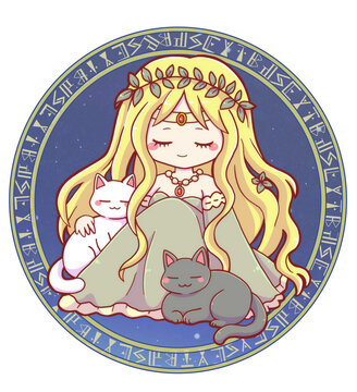 Authentic Hand Drawn Cute Freyja with Magic Circle Background &ndash; Kawaii Norse Goddess with Two Cats Illustration