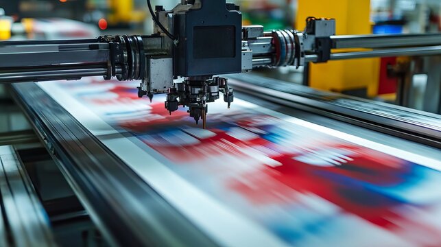 Industrial large format printer head moving quickly over a colorful vinyl sheet inside a factory