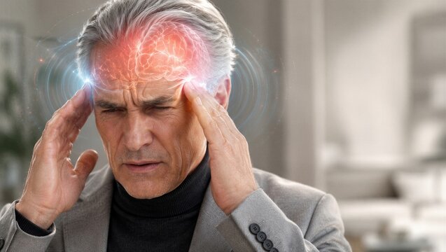 Man suffering from headache touching his head. Mature man feeling migraine pain with digital brain illustration overlay. Medical concept of neurologic tension and stress disorder.