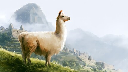 Naklejka premium Llama Serenity Ancient Ruins Watercolor Illustration Peaceful Andean Mountain Vista Tranquility