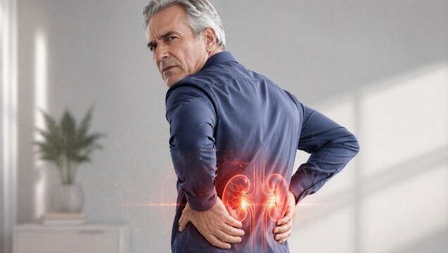 Mature man holding his lower back because of kidney pain. Anatomy visualization of inflamed human organ. Internal health problem, medical treatment concept for urology and nephrology care.